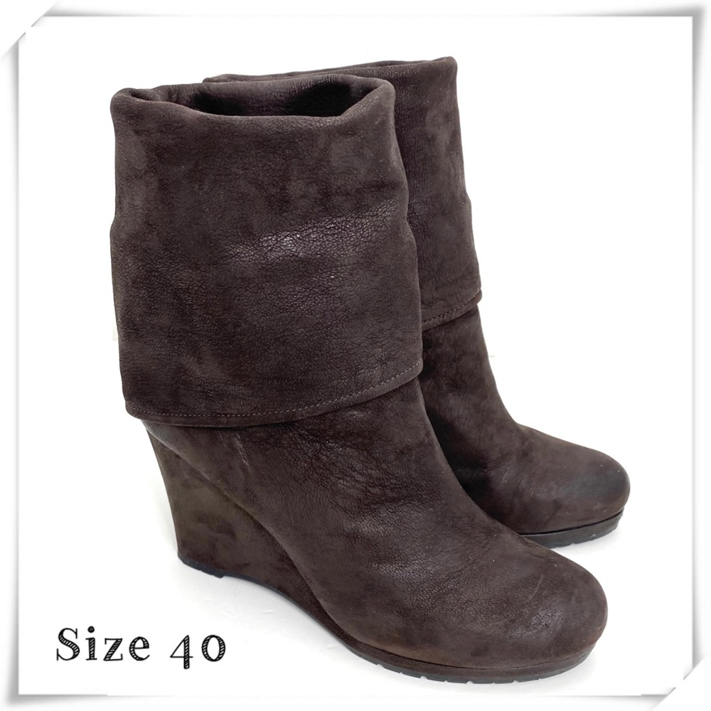 Prada Fold Over Cuffs Leather Wedge Bootie in Chocolate Brown
